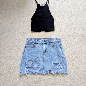 Black Ribbed Crop Top and Distressed Denim Skirt